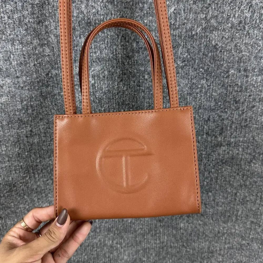 Telfar Small Shopping Bag in Tan Vegan Leather Crossbody Faux Leather Logo Purse